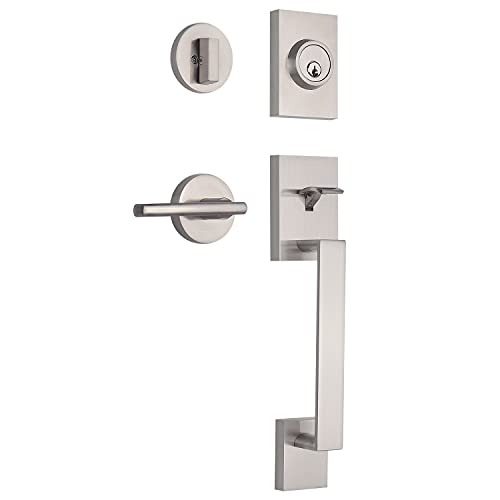 Nuk3y Haven Modern Handleset Front Door Entry Handle and Deadbolt with Reversible Inside Lever Trim (Round Thor Lever Trim, Satin Nickel)