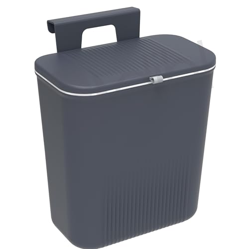 Dihl 9 Litre Hanging Trash Bin with Lid Wall Mounted Garbage Can Kitchen Compost Can Plastic Rubbish Wastebasket for Cupboard Cabinet Door Bathroom Bedroom Offices - Anthracite