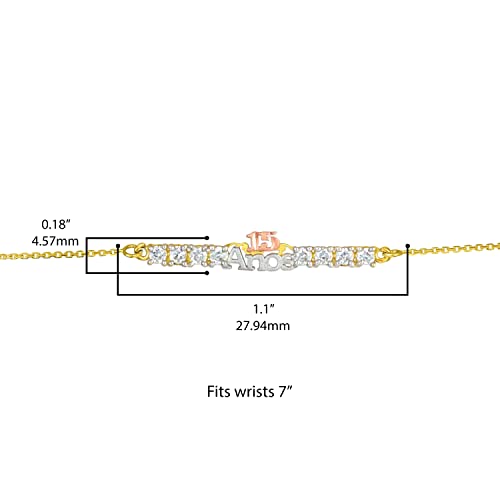 14K Tri Color Yellow, White, and Rose Gold White Cubic Zirconia 15 A os Quinceanera Cable Chain Bracelet - 7 with 1/2" Extender3