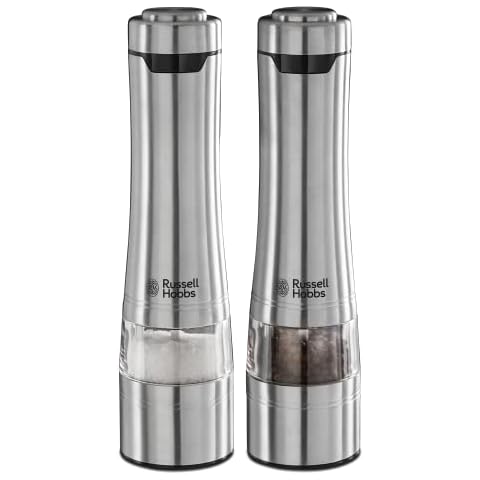 Russell Hobbs Salz und Pfeffer Mühle elektrisch [2er Set] Edelstahl (Keramikmahlwerk für getrocknete Gewürze & Kräuter, Mahlgrad einstellbar fein bis grob, LED Beleuchtung) Gewürzmühlen 23460-56 Cover