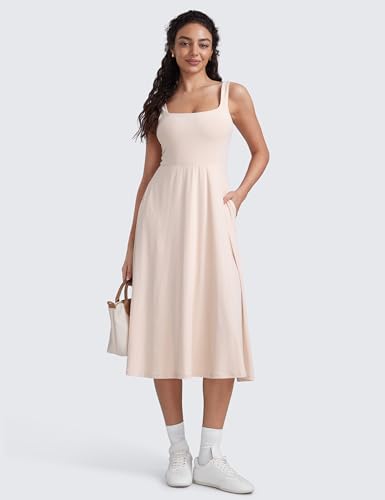 Image of CRZ YOGA Cloudweight Double Lined Square Neck Midi Dresses for Women Casual Summer Sleeveless Outfits with Side Pockets