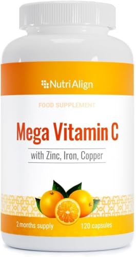 Nutri-Align Mega Vitamina C | 120 Capsule di Vitamina C ad Alta Concentrazione 1000 mg per Dose - Integratore di Vitamine C e Zinco, Ferro e Rame | Integratori di Vitamin C | Senza Glutine e Zucchero