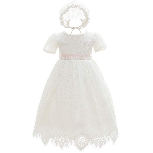 Baby Girls Baptism Christening Dress Lace Short Sleeve Wedding Dresses Gown & Bonnet