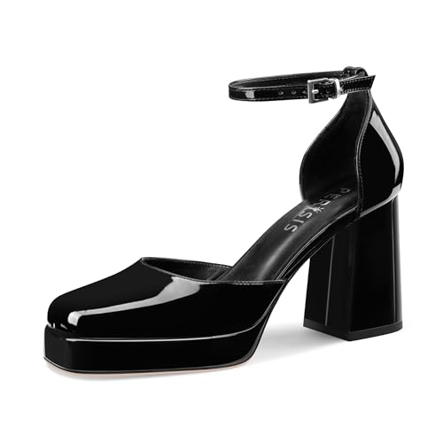 Black Platform Heels Chunky High Heel Patent Leather Pumps Closed Square Toe Block Heels with Ankle Strap for Women Ladies Sexy
