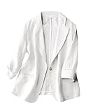 White Linen Blazer Women Summer Lightweight Casual 3/4 Sleeve Lapel One Button Cotton Linen Fall Blazers Suit Jackets (White, S)