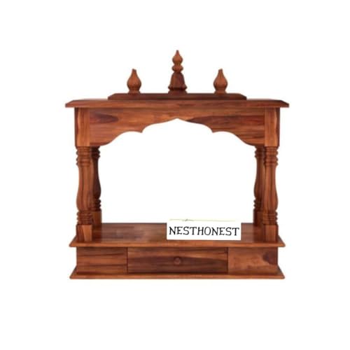 Image of Wall Mounted Solid Sheesham Wood Puja Mandir for Home Solid Wooden Temple for Puja Room with 1 Drawer Storage Pooja Ghar Wooden Furniture for Pooja Room Sheesham Wood, Honey Finish