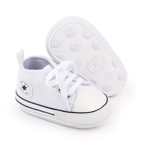Image of xioqen Unisex Baby Boys Girls Shoes, Newborn Infant Non-Slip Canvas Denim High Top Sneakers, Toddler First Walkers Shoes
