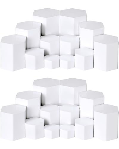 Image of Jetec 24 Pcs Hexagonal Jewelry Display Risers Hexagonal Market Display Risers Stands Acrylic Showcase Acrylic Stand for Jewelry Model Figures Decoration, 6 Sizes (White)
