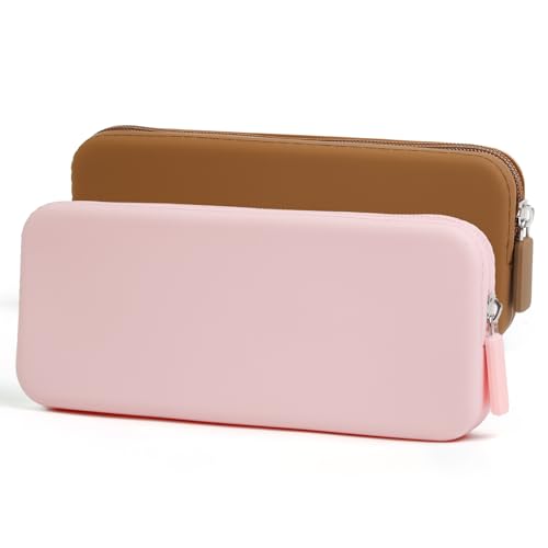 AIBFRID 2PCS Silicone Makeup Brush Bag Travel Zipper Makeup Bag Small Makeup Brush Case Makeup Brush Holder for Travel(Brown,Pink)