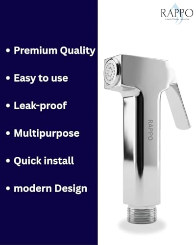 Image of RAPPO Solid Brass Health Faucet with Flexible Hose and Wall Hook Chrome Finish Handheld Jet Spray for Toilet Bathroom Accessory Durable Easy Install Utility Set (Mini Square - with Hose & Hook)