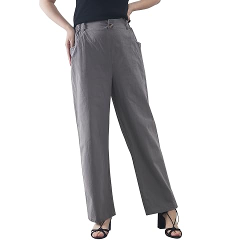 Casual Linen High Waist Pants with Elastic Waistband and Straight-Leg Design Summer Trousers with Side Pockets2