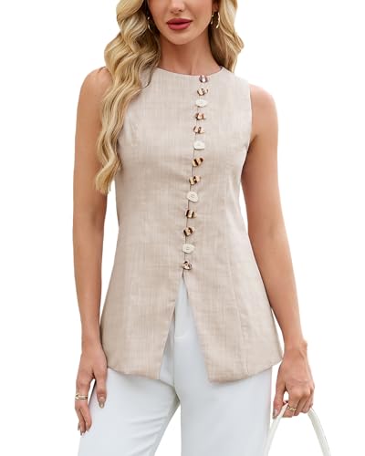 YEXPINE Womens Cotton Linen Long Vest Button Down Sleeveless Tie Back Blazer Vest