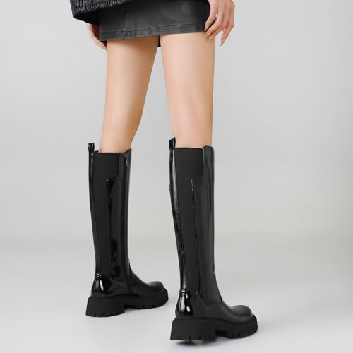 Image of TEAIEU Knee High Boots for Women, Platform Chunky Block Low Heel Tall Boots, Round Toe Side Zipper Fall Long Boots for Dress, Stretch Calf, Comfortable