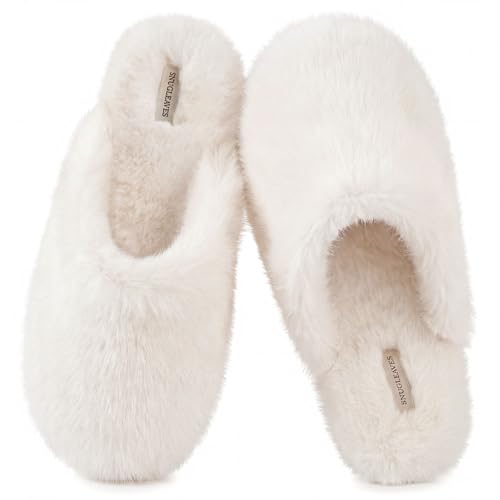 Snug Leaves Women's Fuzzy Scuff Slippers Soft Comfy Memory Foam Non-slip Indoor House Shoes (Cream White, Size 5-6)