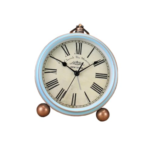 ANDRESLAD Reloj De Mesa Creativo Estilo Retro Azul Romano, Metal Resistente, Despertador Analógico Sin Batería, Decoración Vintage para Escritorio y Hogar, Obsequio Único