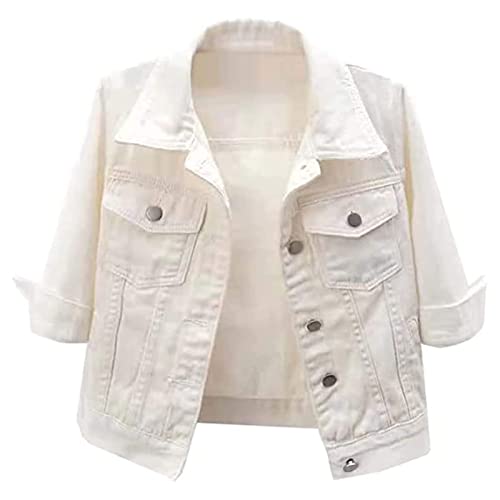 Hebezn Giacca di jeans a maniche corte da donna Giacca di jeans corta con risvolto casual Capispalla casual a coste (Color : White, Size : XXL)