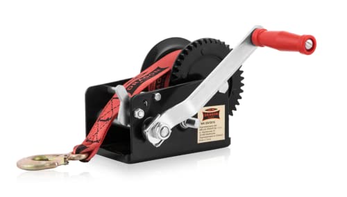 Dragon Winch Treuil Manuel 2500 lbs / 1133 kg avec crochet et ceinture 10m pour les petits bateaux, motos, véhicules et ateliers | Treuil à main à deux vitesses