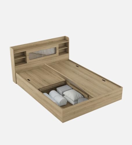 Image of Mintwud Pepperfry Engineered Wood Cavour Queen Size Bed with Box Storage and Open Shelves | Wooden Double Bed Cot Palang Furniture for Living Room Bedroom Home and Hotels (Santana Oak Finish)