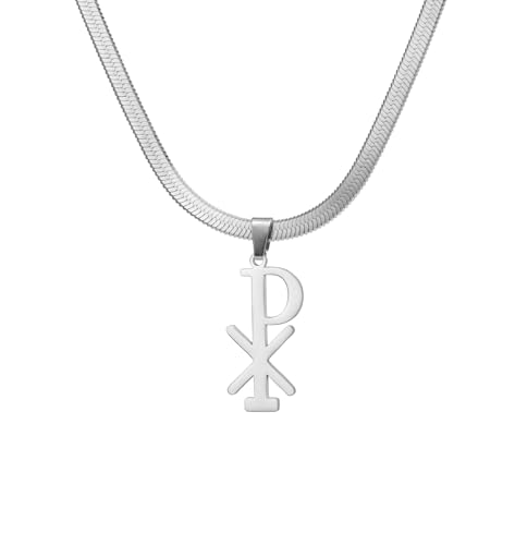 Collar de cristograma con cruz Chi Rho para mujeres y hombres de acero inoxidable Nombre de Jesucristo Símbolo Alfa Omega Sacramental IXCI NIKA Colgante Joyería religiosa Amuleto cristiano