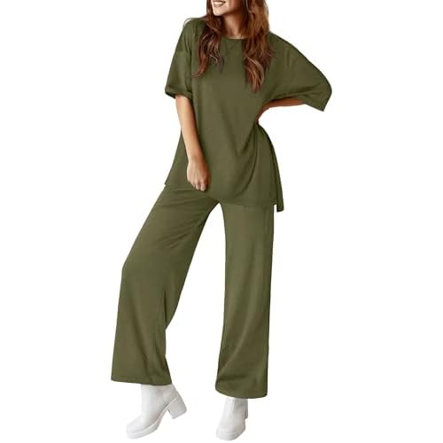 Totatuit Two Piece Sets For Women Summer Travel Vacation Airport Outfits Short Sleeve Oversized Loungewear Sets Army Green Medium