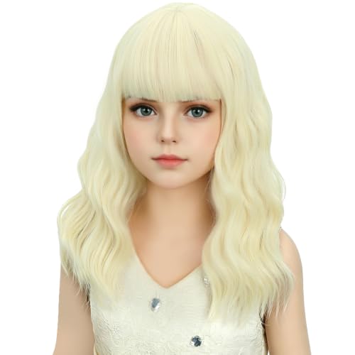 Image of Adult Light Blonde Wig Women Short Blonde Wavy Curly Wigs Adult Wig with Air Bangs Synthetic Cosplay Hair Wigs