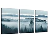 Foggy Forest Canvas Wall Art Indigo Misty Forest Pictures Blue Grey Abstract Mountain Trees Painting Artwork Nature Scene Canvas Art for Living Room Bedroom Home Office Wall Decor 12' x 16' x 3Piece