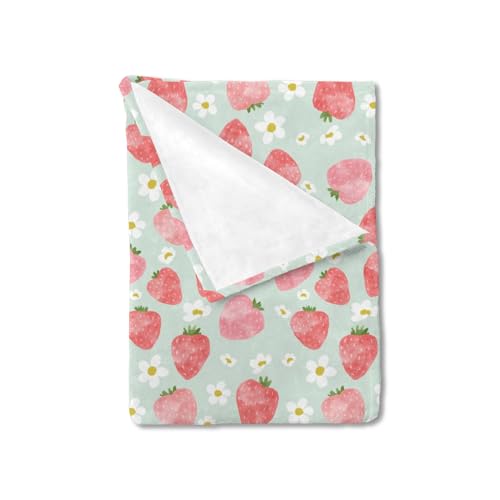 Image of HawSkgFub Strawberry Flower Summer Fruit Baby Blanket Girls Gift, Mint Green Pink Strawberries Floral Flannel Fleece Nursery Bed Blankets, Soft Lightweight Newborn Infant Toddler Crib Bedding 30 x 40