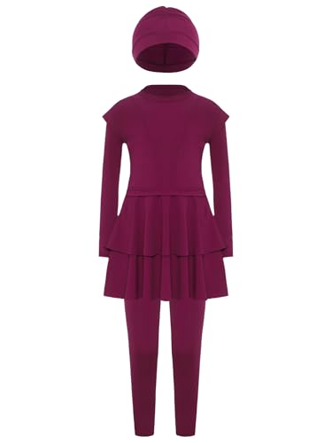 Kids Girls 3-Piece Hot Spring Beach Solid Color Swim Dress Pants and Hat Set Sun Protection Swimsuit