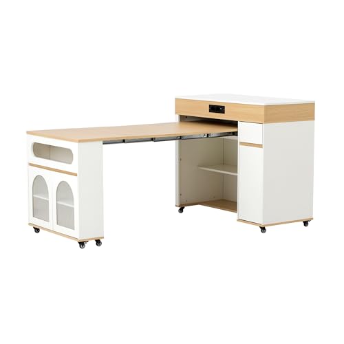 Coolywood Isola da cucina con ruote, tavolo da pranzo allungabile con prese elettriche e vetro temperato, credenza con cassetto per cucina e sala da pranzo (Bianco+Natura)