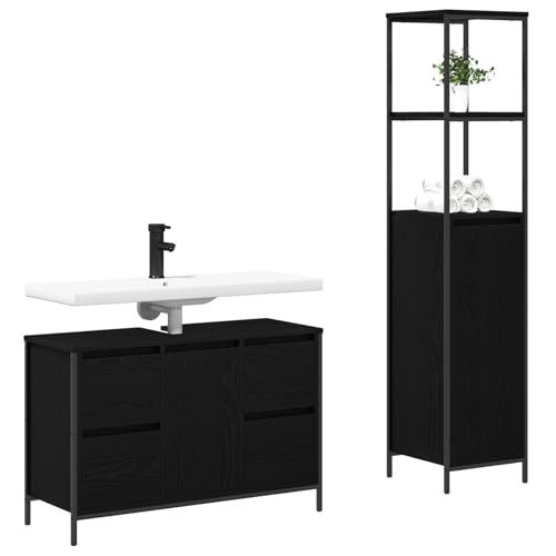 Brokky 3328374 Bathroom Furniture Set Set of 2 Black Oak Engineered Wood Wooden Standing Side Cabinet Unit for Living Room Kitchen Hallway - Image 3