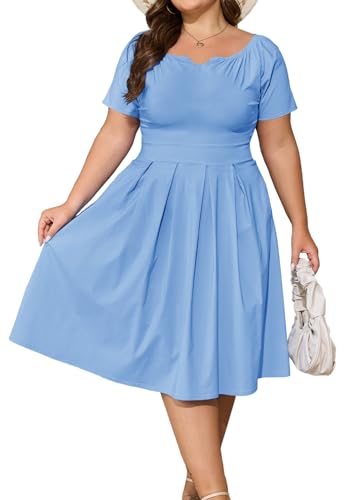 Image of Womens Plus Size Summer Dresses Off Shoulder Short Sleeve A-Line Wedding Guest Swing Waist Midi Dress with Pockets