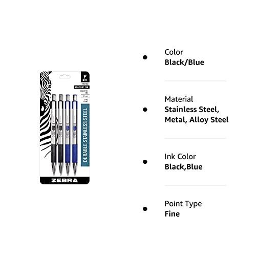 Zebra Pens Fine Point F 301, Combo Pack Of 2 Black Ink & 2 Blue Ink Metal Pens (Total Of 4 Pens), Ballpoint Stainless Steel Retractable 0.7Mm Fine Point Ink Pens #TOP5
