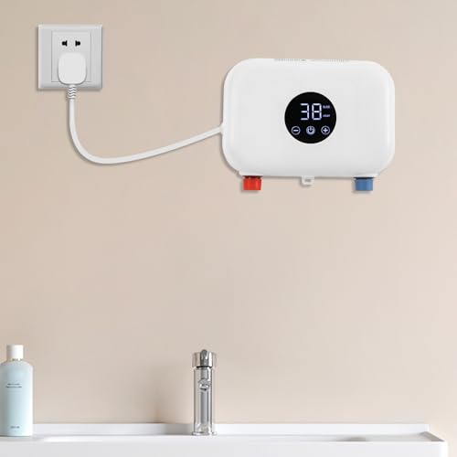 GWOalseO Calentador de agua eléctrico con pantalla digital, temperatura ajustable de 86 a 131 °F, ahorro de energía, montaje en pared, enchufe europeo