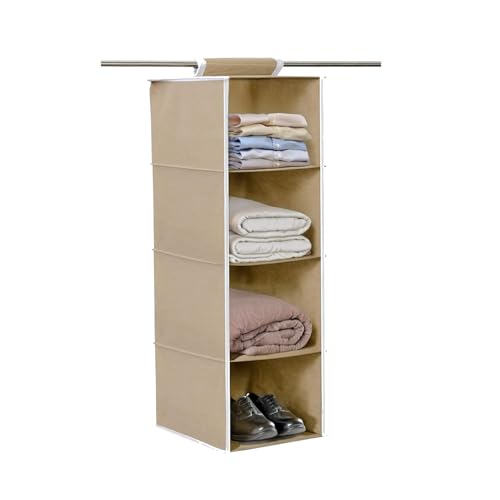 PrettyKrafts 4-Shelf Hanging Wardrobe Organiser - Foldable Fabric Closet Storage for Clothes, Shoes & Accessories | Space Saving Almirah Hanging Shelf