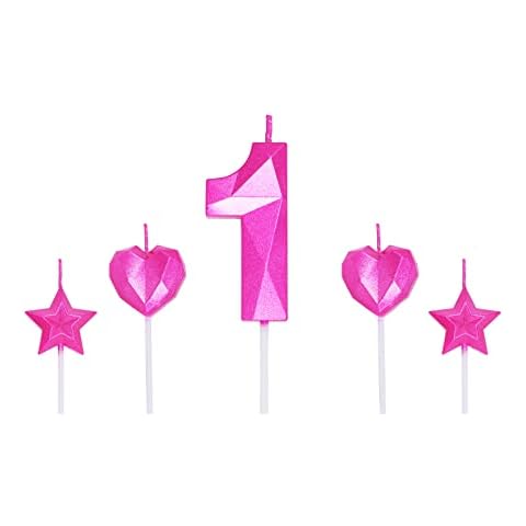 Pink Number 1 Candles and Star Heart Candles 2.76 inch Number Candles for Birthday Cakes 3D Diamond Shaped for Cake Decorations(Pink Candle 1) Cover