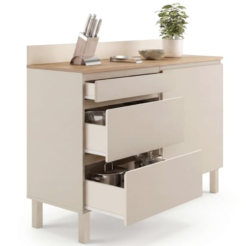 IDMarket Claude - Aparador bajo olla de cocina (120 cm, efecto madera, 83 cm, 1 puerta + 3 cajones, color beige