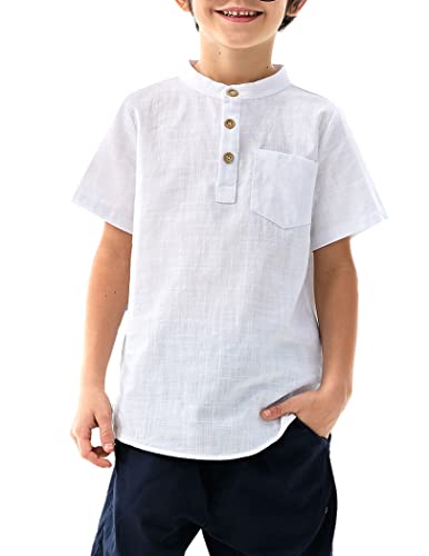 Arshiner Boys Linen Shirt Button Down Henley Short Sleeve Casual Dress Summer Beach T Shirts Top with One Pocket