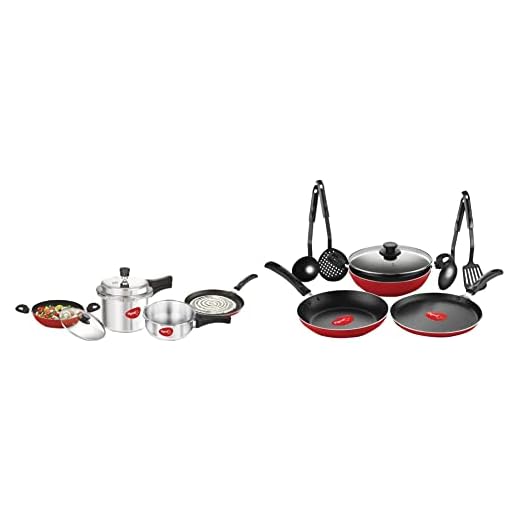 Pigeon Starter Kit Mini containing 2 and 3 litre Pressure Cooker Outer Lid, one Flat Tawa 250 mm and Kadai 240mm with Glass Lid & Mio Nonstick Aluminium Cookware Gift Set, 8 Pieces