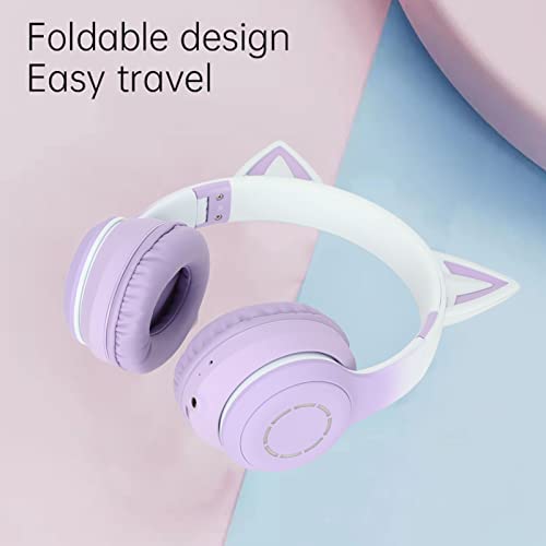 Casque de jeu Bluetooth violet pliable à oreilles de chat LED sans gêne