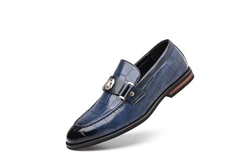Men's Patent Leather Loafers, Crocodile Pattern, Metal Buckle Detail, Black Dress Shoes