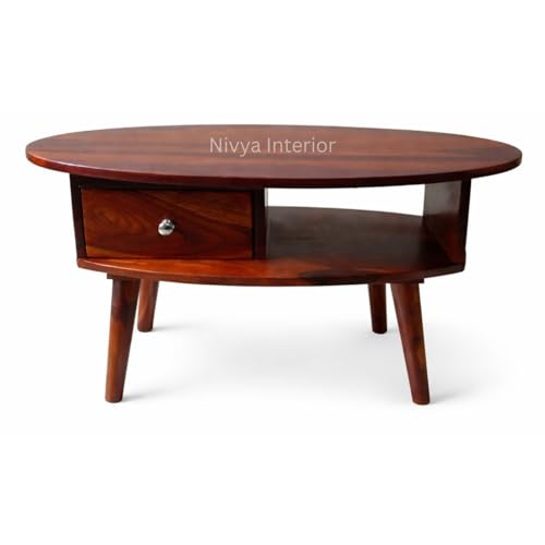 Image of Oval Solid Sheesham Wooden Coffee Table for Home | Living Room Center Table with Storage Shelf & Drawer | Modern Sofa Coffee Table