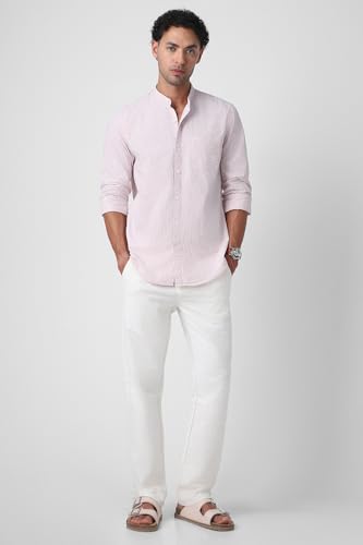 Image of Peter England Men's Casual Mandarin Collar Slim fit Full Sleeve Shirt in 100% Cotton Seersucker with Striped Design