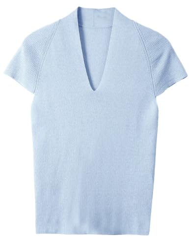 XLDMY 鑫隆达 Ribbed V-Neck Short Sleeve Sweater Top, Knit Pullover Light Gray