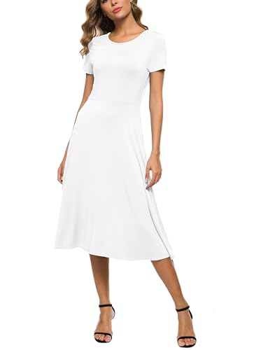 Image of EXCHIC Women's Casual Round Neck Short Sleeve Midi Dress Solid Stretchy Waist Knee Long Dress