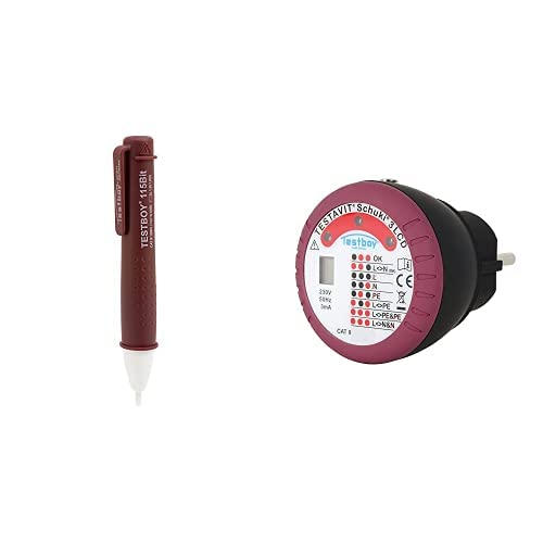 Testboy 115 Bit berührungsloser Spannungstester + Testavit Schuki 3 LCD Steckdosenprüfgerät (hochwertiger Volt Detektor mit LED-Anzeige, inkl. Schraubendreher Funktion), Rot
