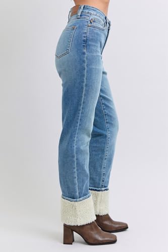 Judy Blue High Waist Shearling Cuff Straight Jeans - Warm, Stylish, and Stretchy Denim for Ultimate Comfort -888903