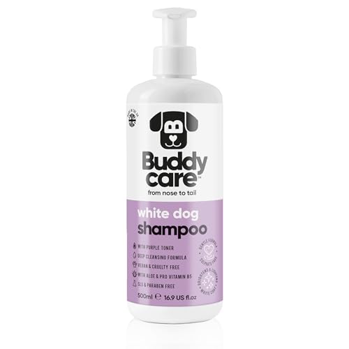 Hundeshampoo Weißes Fell von Buddycare - Aufhellendes und Aufhellendes Shampoo für Hunde - Tiefenreinigung, frisch duftend - Shampoo für weiße Hunde Mit Aloe Vera und Pro-Vitamin B5 (500ml)