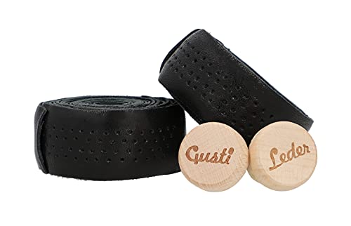 Gusti Echtleder Lenkerband Fahrrad - Fausto C. 200 cm Griffband Griff Bartape Fahrradzubehör Rennrad inkl Korken Lederband Lenker Schwarz