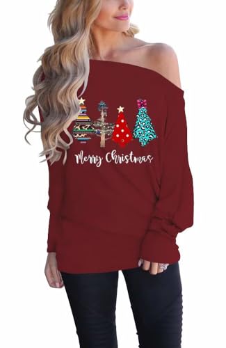 LACOZY Christmas Shirts for Women Long Sleeve Christmas Shirts Xmas Tree Graphic Vacation Tees Tops Red L