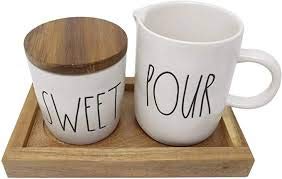 Rae Dunn By Magenta 3 Piece SWEET POUR Ceramic LL Sugar Bowl & Creamer Set With Wood Tray 2019 Limited Edition